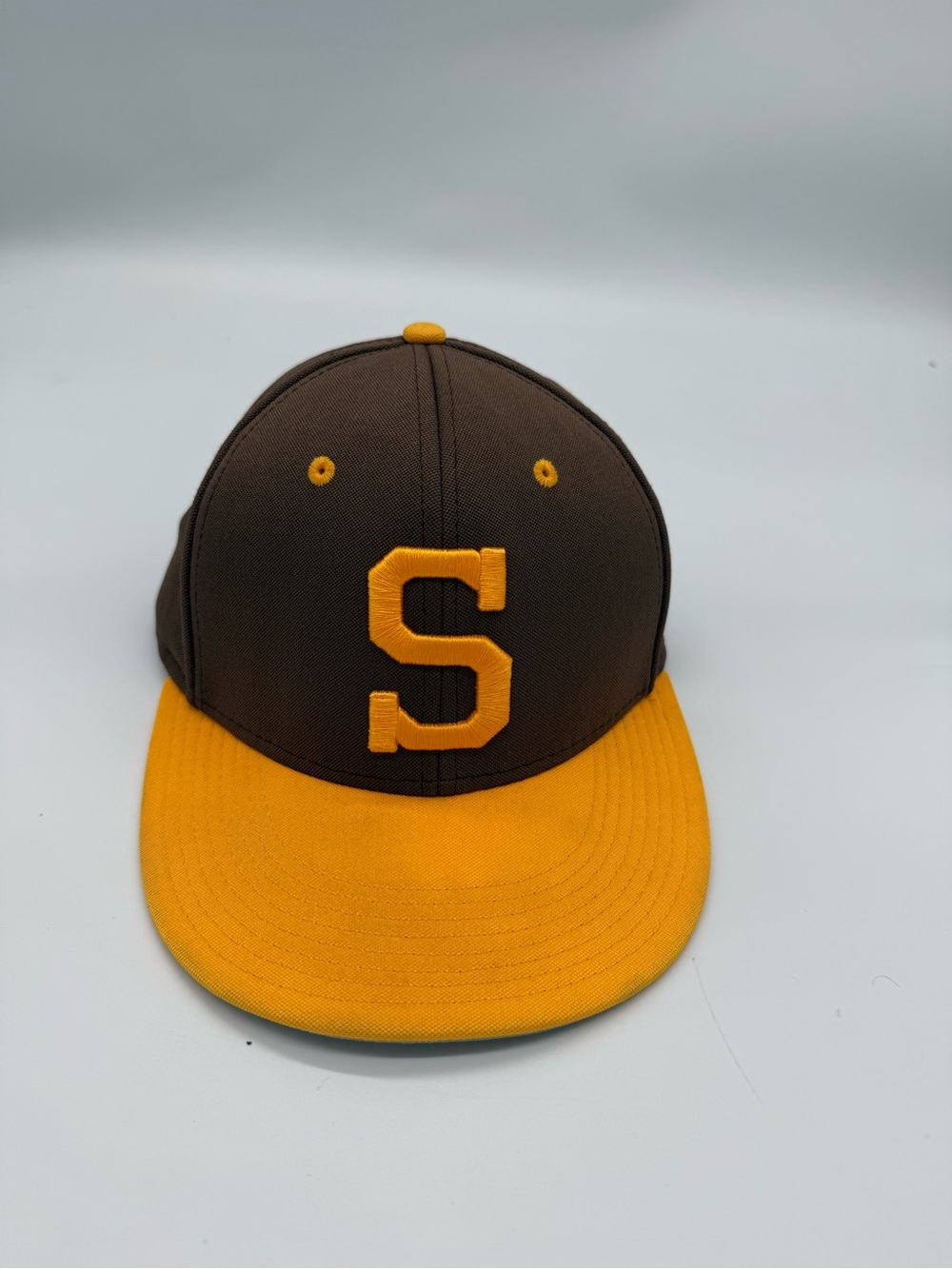 Men's Two-Tone Brown and Yellow Baseball Cap with 'S' Patch